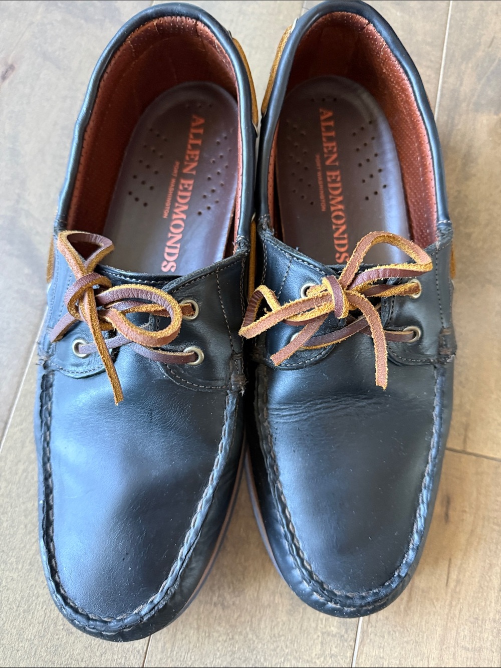 Allen Edmonds Black Leather Boat Shoes with Brown Laces